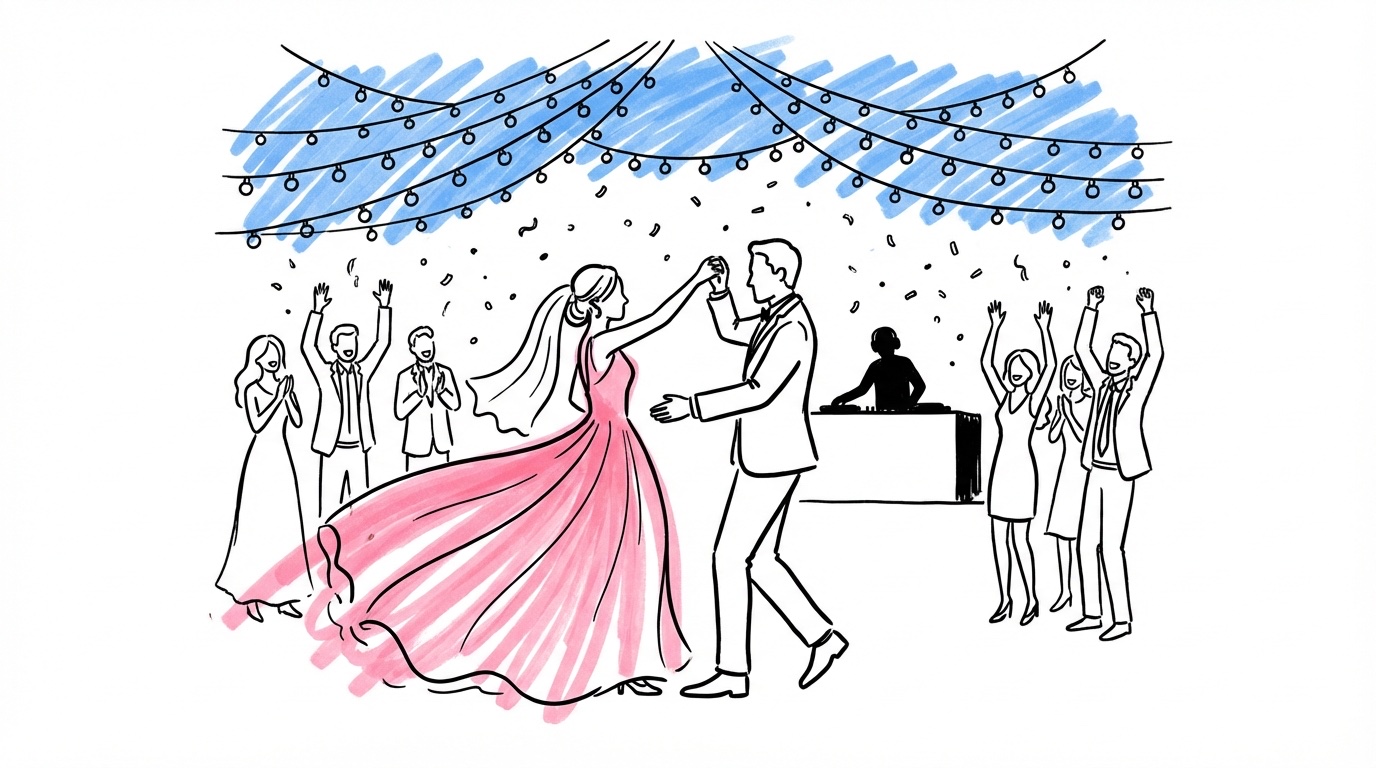 Illustration av bröllopsfest på kvällen med dansande par, strängljus och festlig atmosfär