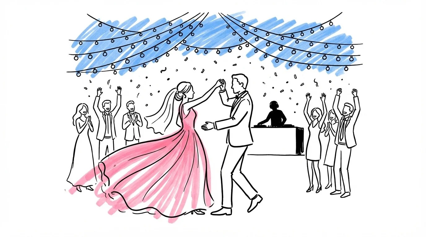 Illustration av bröllopsfest på kvällen med dansande par, strängljus och festlig atmosfär