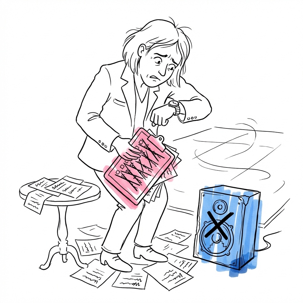 Illustration av stressad bröllopsplanerare med överfyllda scheman och tomt dansgolv