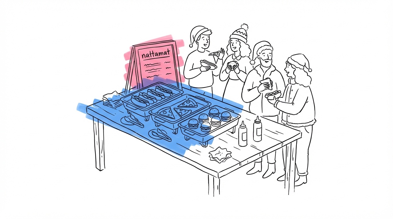 Illustration av nattamats-station utomhus med korv, pizza och hamburgare och festklädda gäster