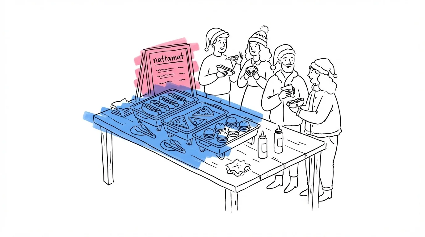 Illustration av nattamats-station utomhus med korv, pizza och hamburgare och festklädda gäster