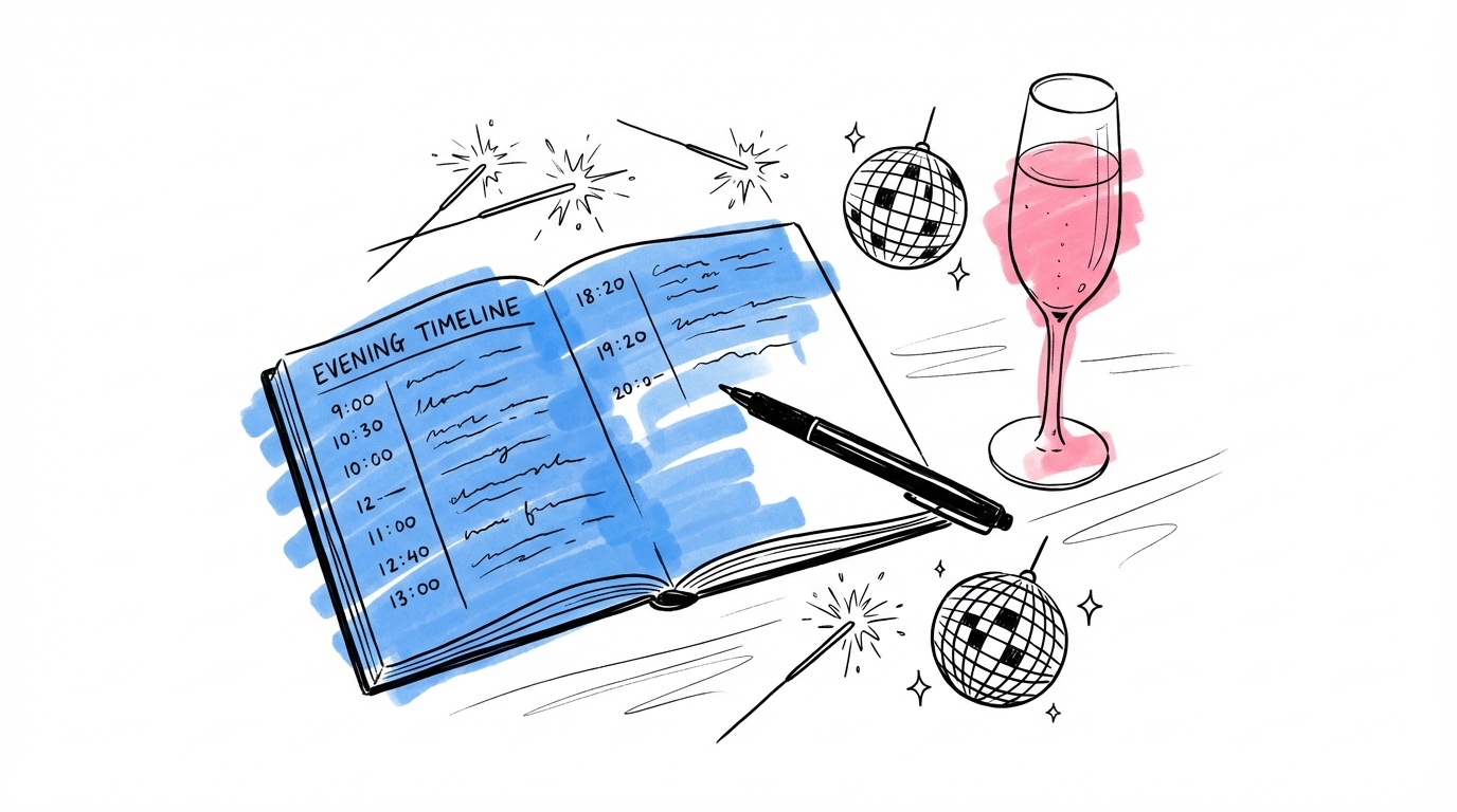 Illustration av öppen planeringsbok med tidslinje, penna och champagneglas