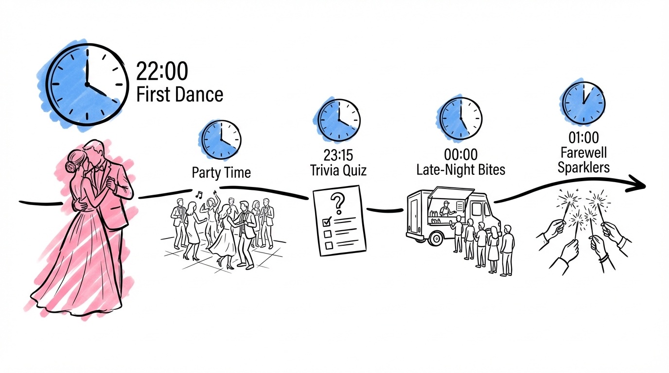 Illustration av horisontell tidslinje med milstolpar från brudvals till sista dansen