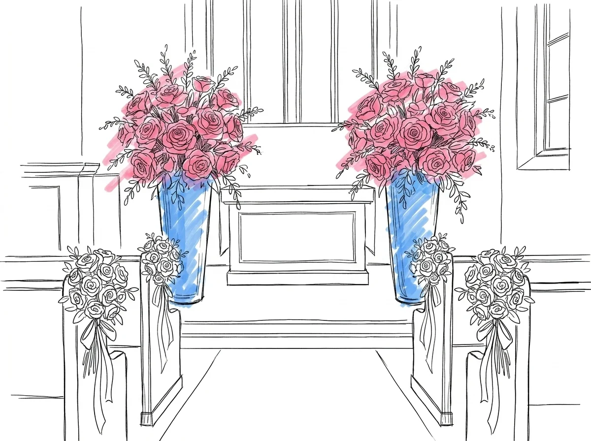 Blomsterarrangemang vid kyrkoaltare med bänkbuketter längs mittgången — illustrerar blomkostnader