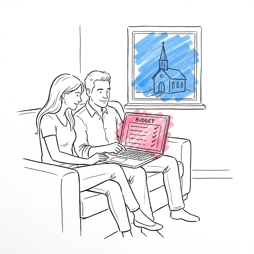 Par som planerar kyrkbröllopsbudget på laptop med kyrka i bakgrunden — Lovio budgetverktyg