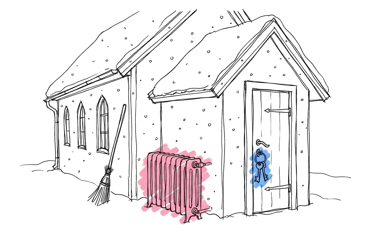 Kyrka i vinterlandskap med kvast och nycklar vid dörren — illustrerar dolda kostnader vid kyrkbröllop