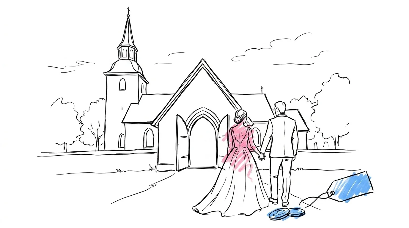 Svensk kyrka med torn, par som närmar sig ingången — illustrerar kyrkbröllop kostnad