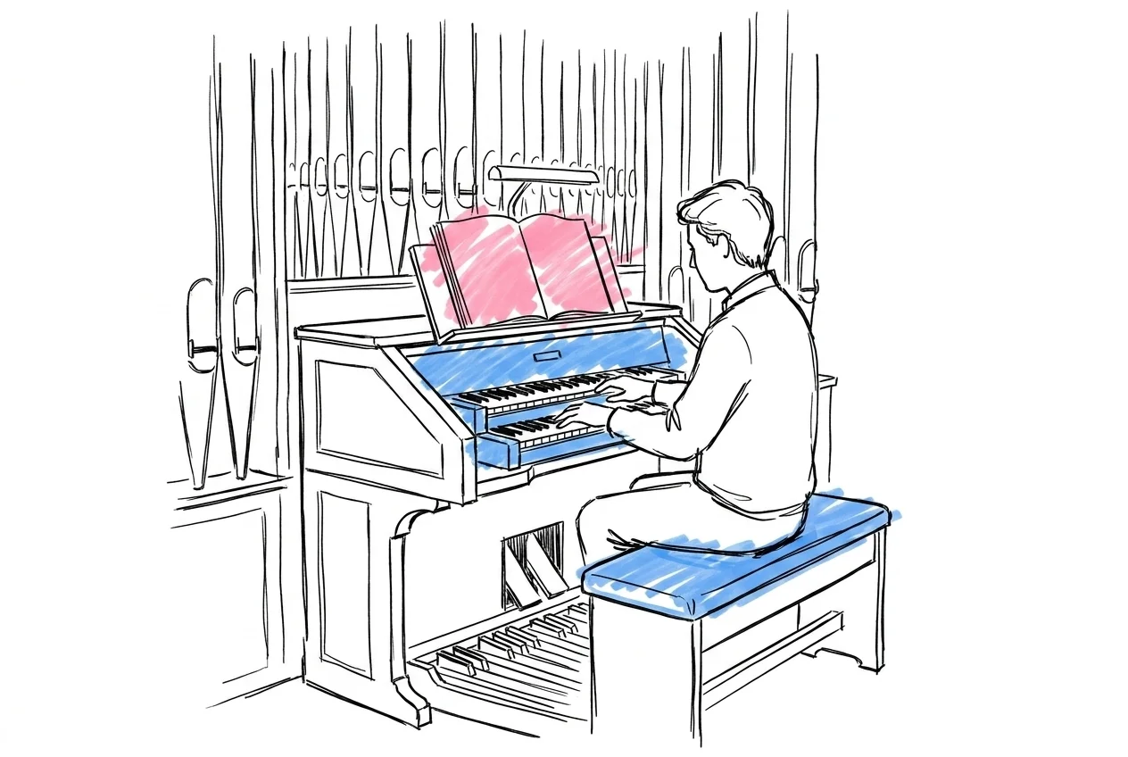 Organist vid kyrkorgel med notställ och stora orgelpipor — illustrerar musikpriser vid kyrkbröllop
