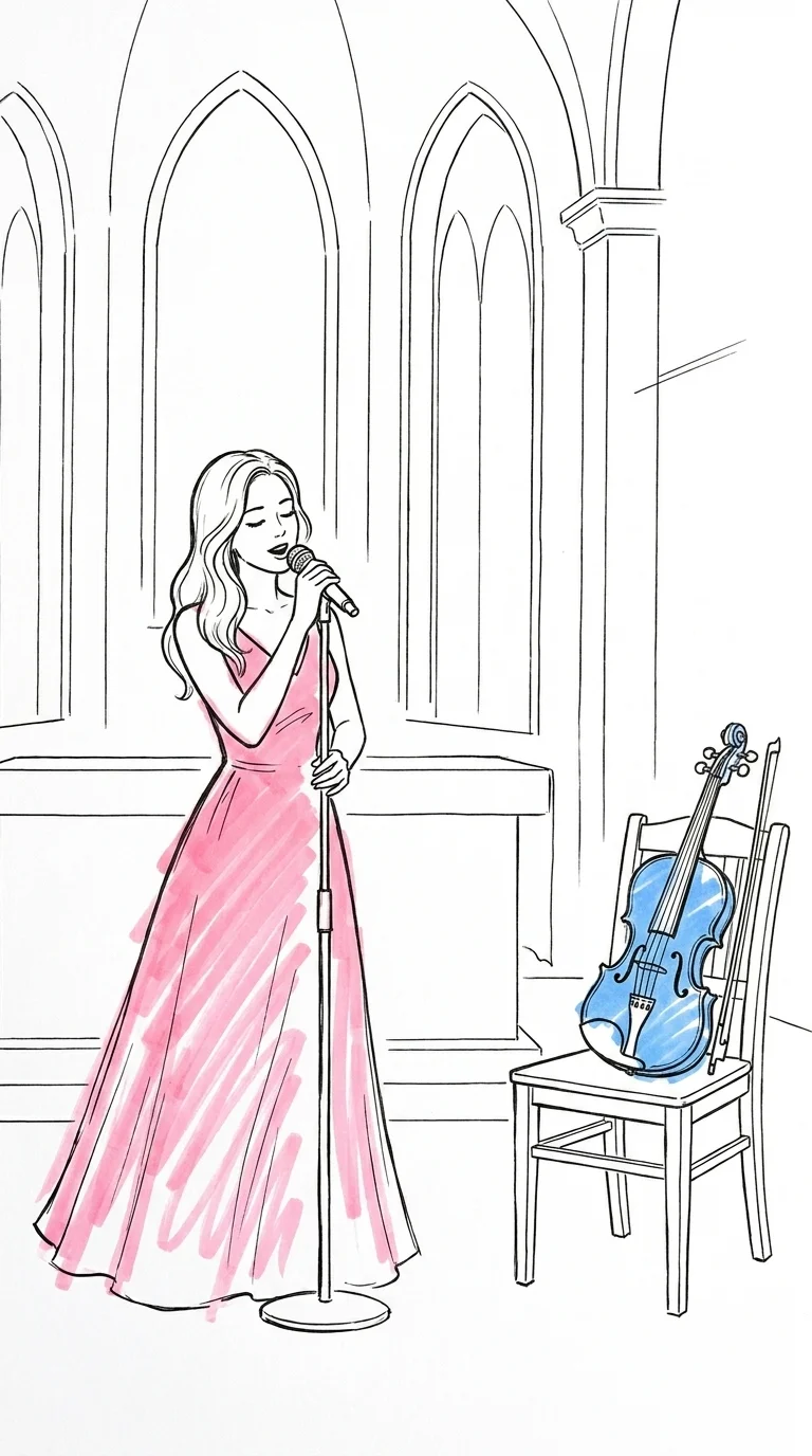 Solosångare vid kyrkoaltare med fiol på en stol — illustrerar extra musik vid kyrkbröllop