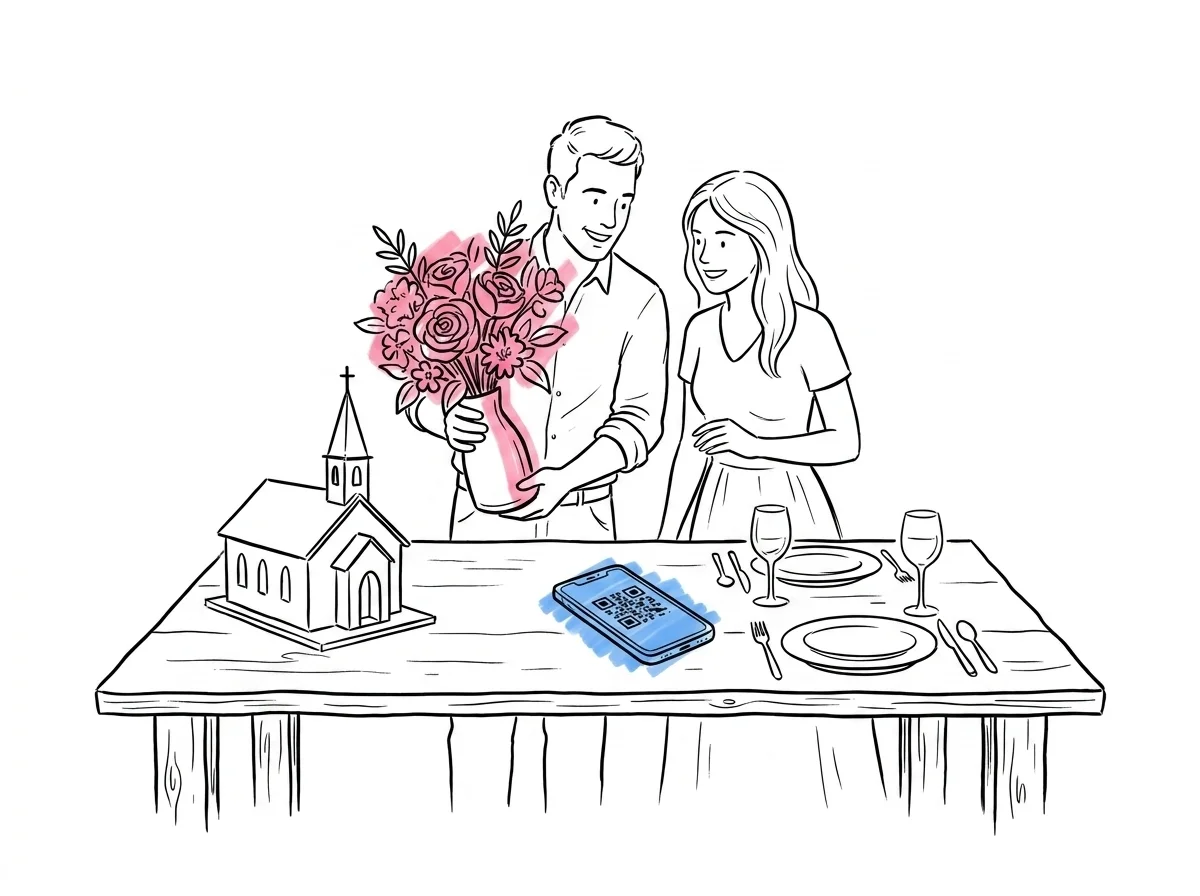 Par som flyttar blomsterarrangemang från kyrkmodell till festbord med QR-kod på telefon — spartips kyrkbröllop