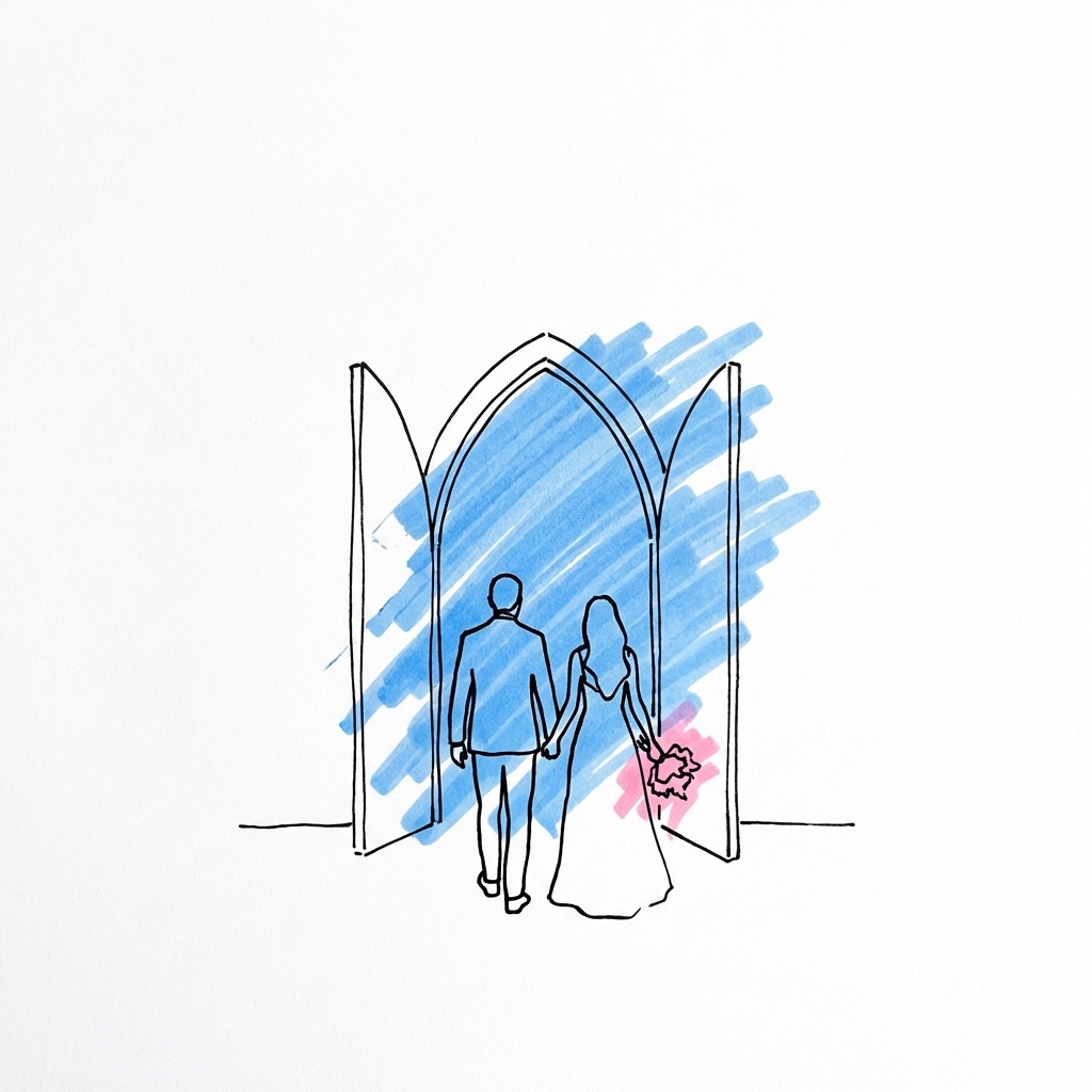 Par som går nerför kyrkgången efter vigseln — kyrkbröllop