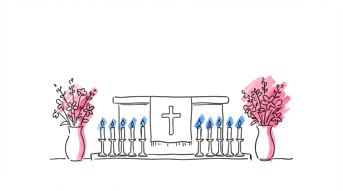 Kyrkaltare med enkla blomsterarrangemang och levande ljus