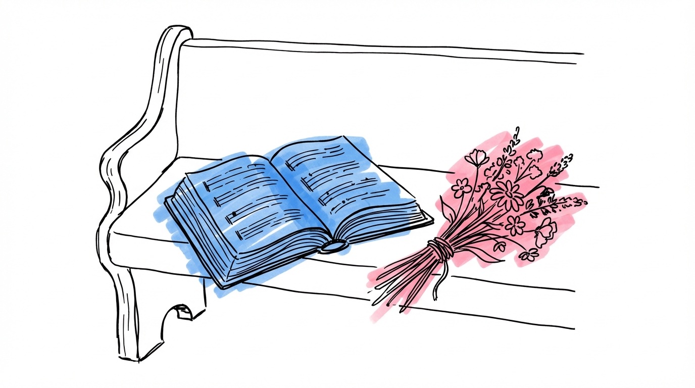 Öppen psalmbok i kyrkbänk med blommor — psalmer vid kyrkbröllop