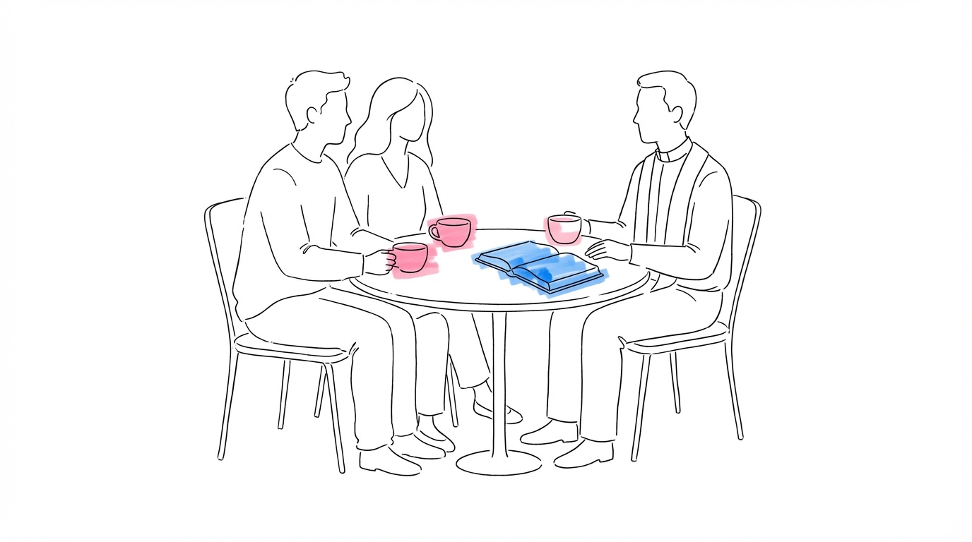 Par i samtal med präst vid ett bord — vigselsamtalet