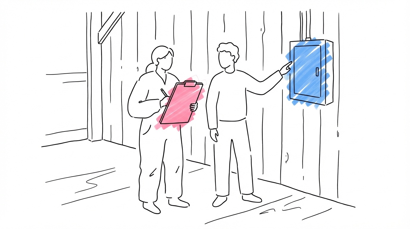 Par gör en genomgång av en tom lada med checklista i handen