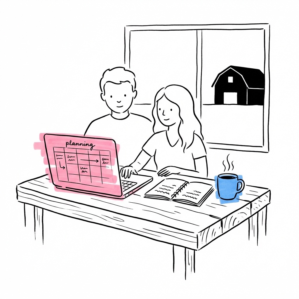 Par vid ett rustikt bord med laptop planerar sitt ladbröllop, lada synlig genom fönstret