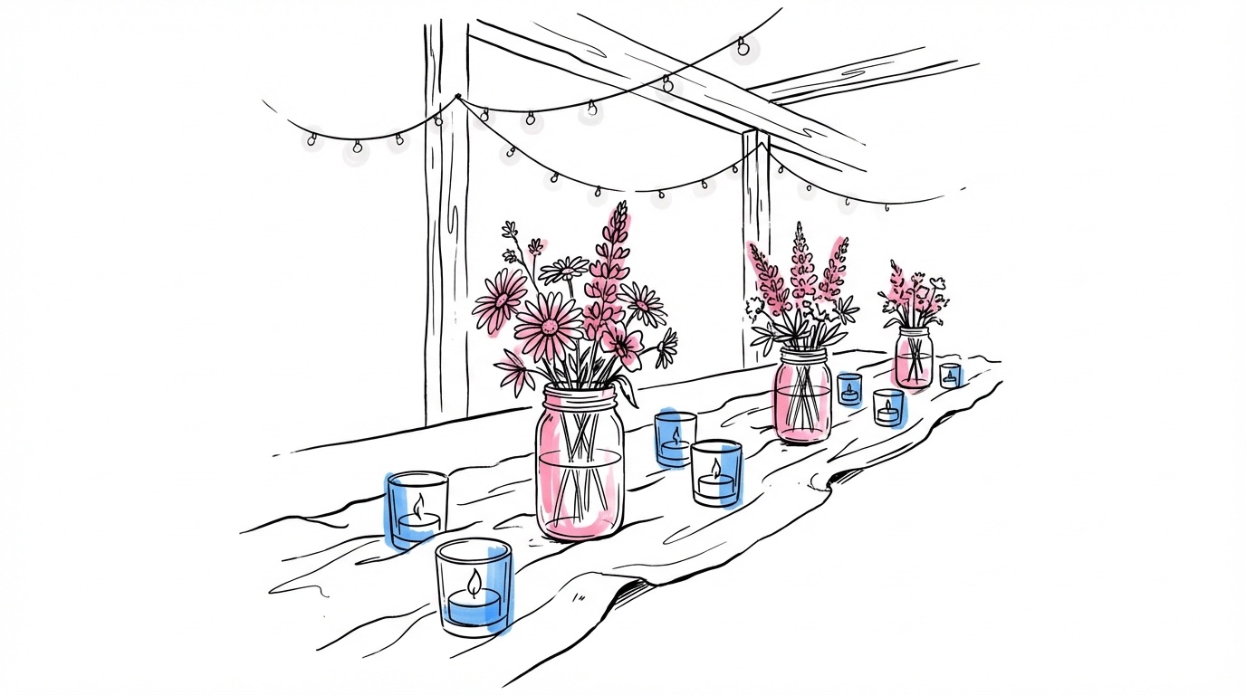 Närbild på dukat bord i lada med glasvaser av ängsblommor, värmeljus, linneservetter och ljusslingor i taket