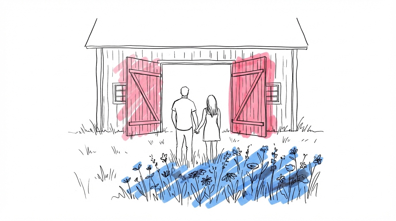 Bröllop i lada — ett par hand i hand framför en öppen svensk lada i sommarkvällsljus med ängsblommor runtom