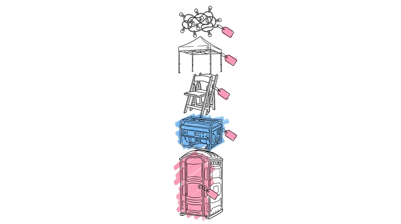 Vertikal illustration av ladbröllopstillägg — toalettvagn, generator, stolar, regntält och ljusslingor med prislappar