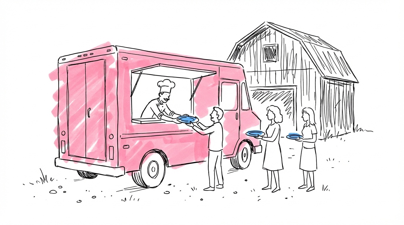 Food truck parkerad bredvid en lada med kock som serverar tallrikar, gäster minglar i sommarväder