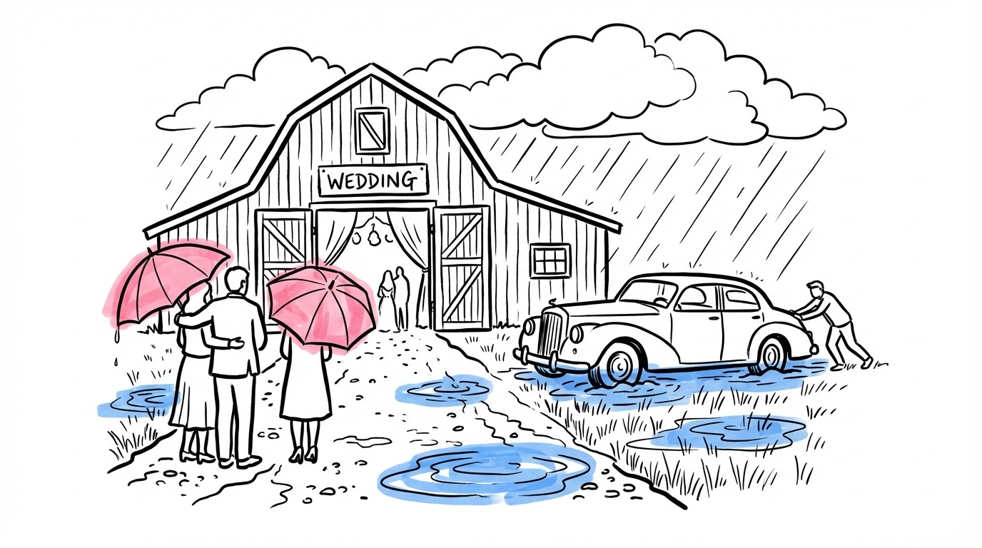 Regnig scen utanför en lada — gäster med paraplyer på lerig grusväg