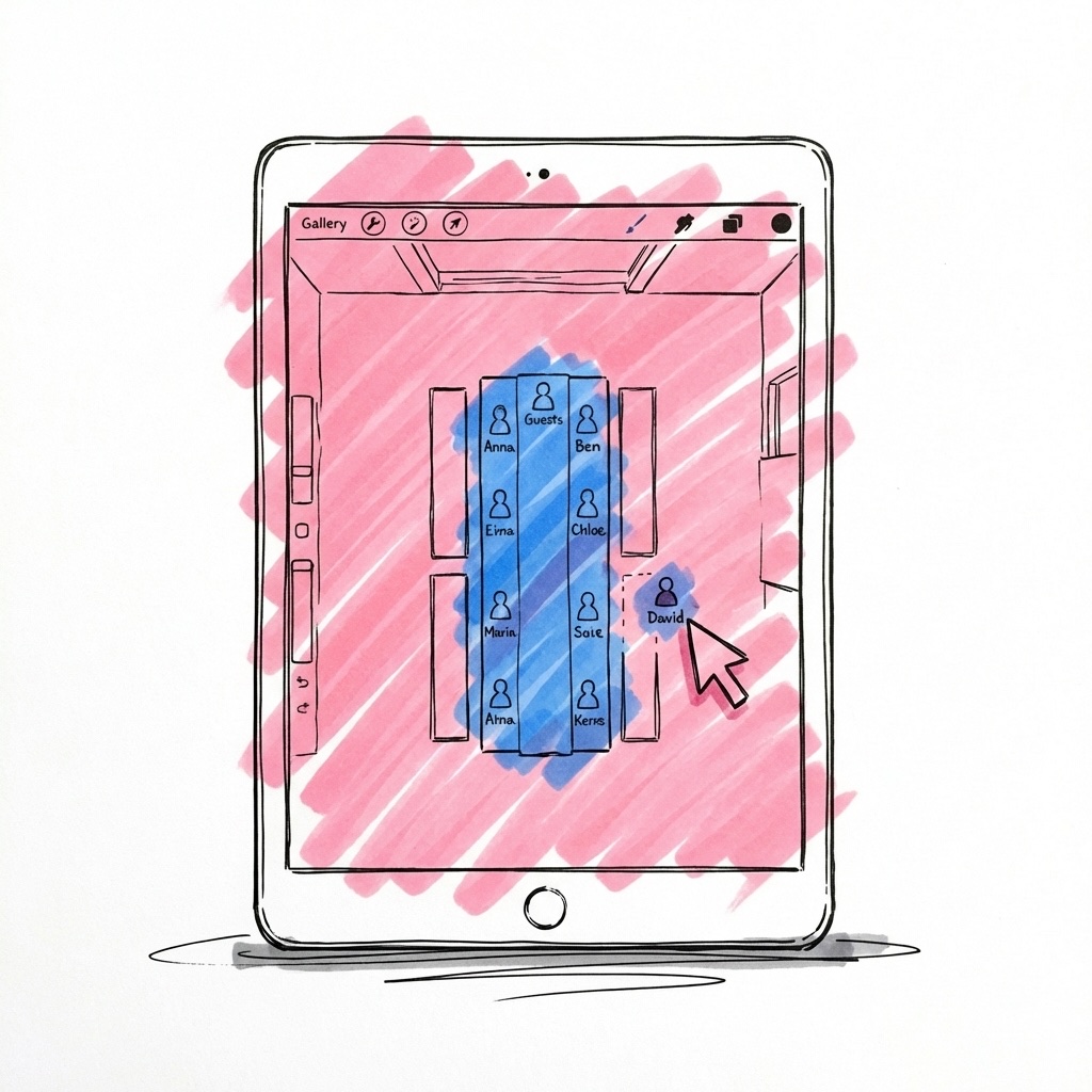 En surfplatta som visar en bordsplanerare med ett långbord och runda bord i en rumslayout, i Lovios rosa och blå illustrationsstil