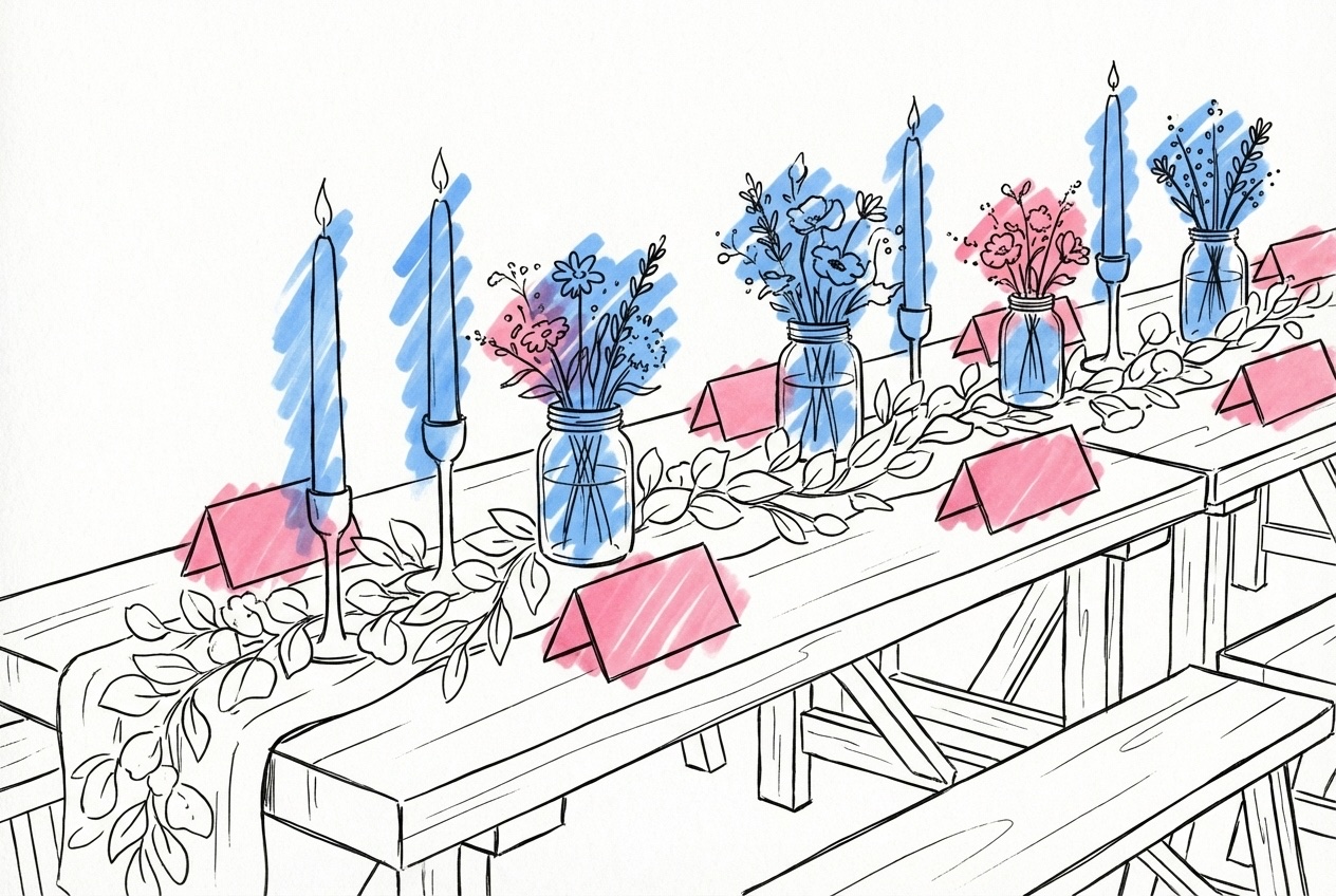 Närbild på ett långbord med repeterande mönster av ljus, blommor och gröna girlanger, i Lovios rosa och blå illustrationsstil