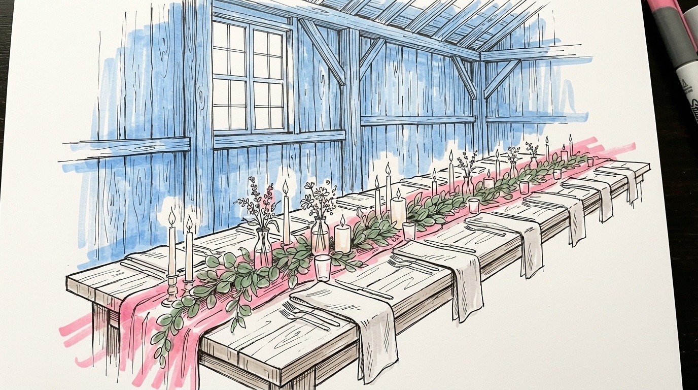 Ett vackert dukat långbord för bröllop med blommor, ljus och glas i en obruten linje, i Lovios rosa och blå illustrationsstil