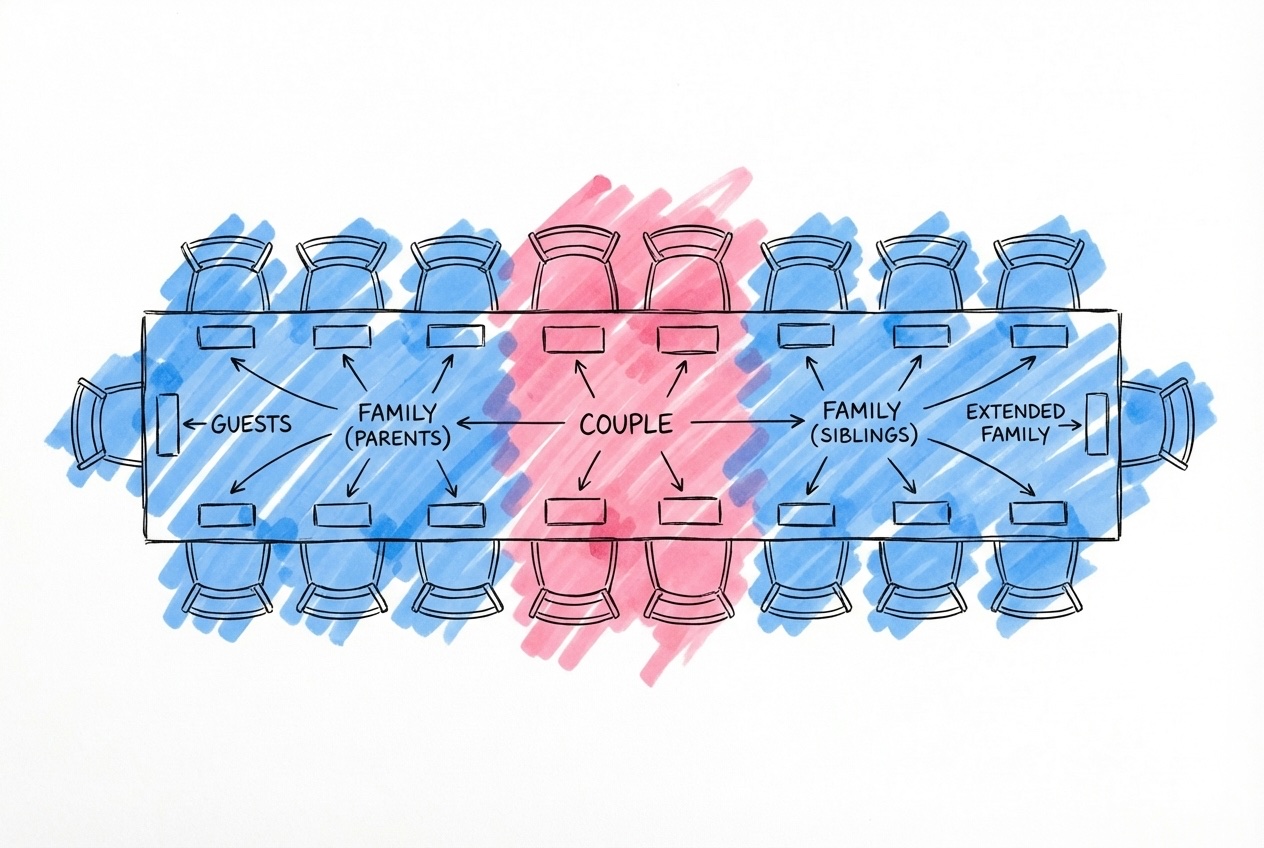 Honnörsbordsplacering vid ett långbord med brudparet i mitten och föräldrar och vittnen utåt, i Lovios rosa och blå illustrationsstil