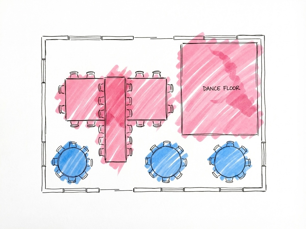 En lokal med ett långbord i mitten och runda bord runtomkring, alla dukade med samma färgskala, i Lovios rosa och blå illustrationsstil