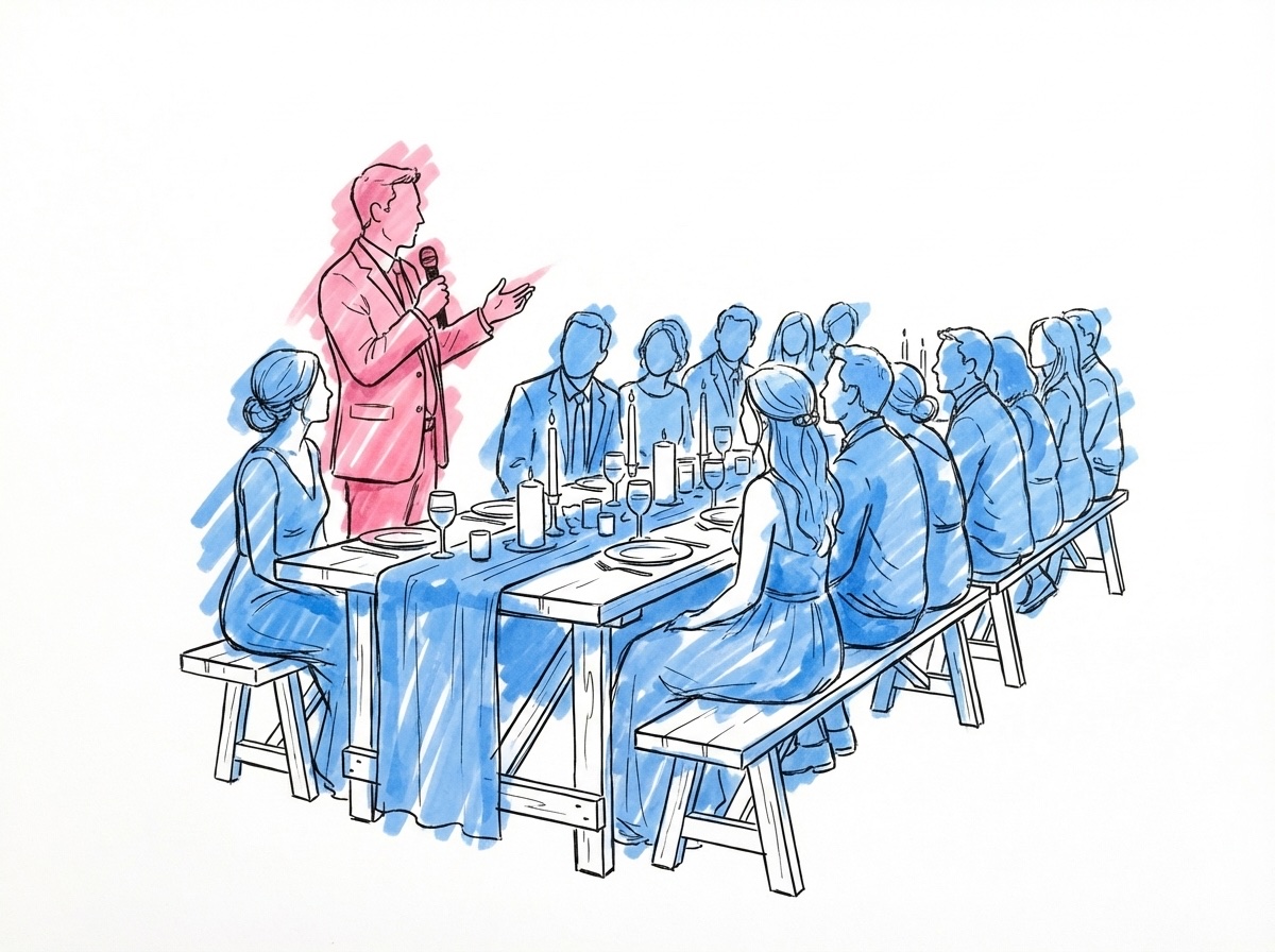 En talare vid ett mikrofonstativ bredvid ett långbord med uppmärksamma gäster, i Lovios rosa och blå illustrationsstil