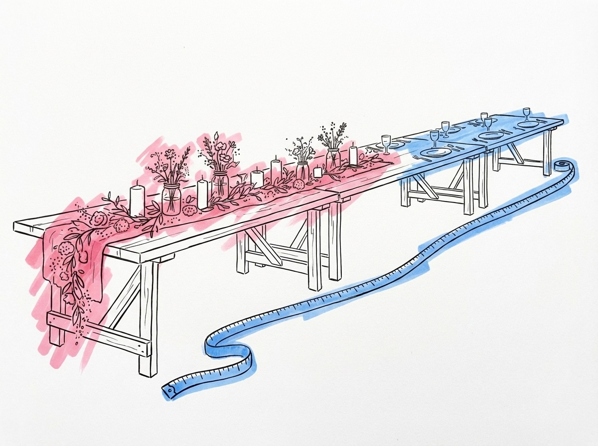 En illustration av vanliga misstag vid långbord — ett för långt bord, saknad mikrofon och ojämn dekoration, i Lovios rosa och blå illustrationsstil