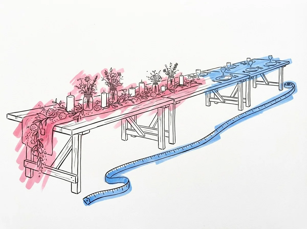 En illustration av vanliga misstag vid långbord — ett för långt bord, saknad mikrofon och ojämn dekoration, i Lovios rosa och blå illustrationsstil