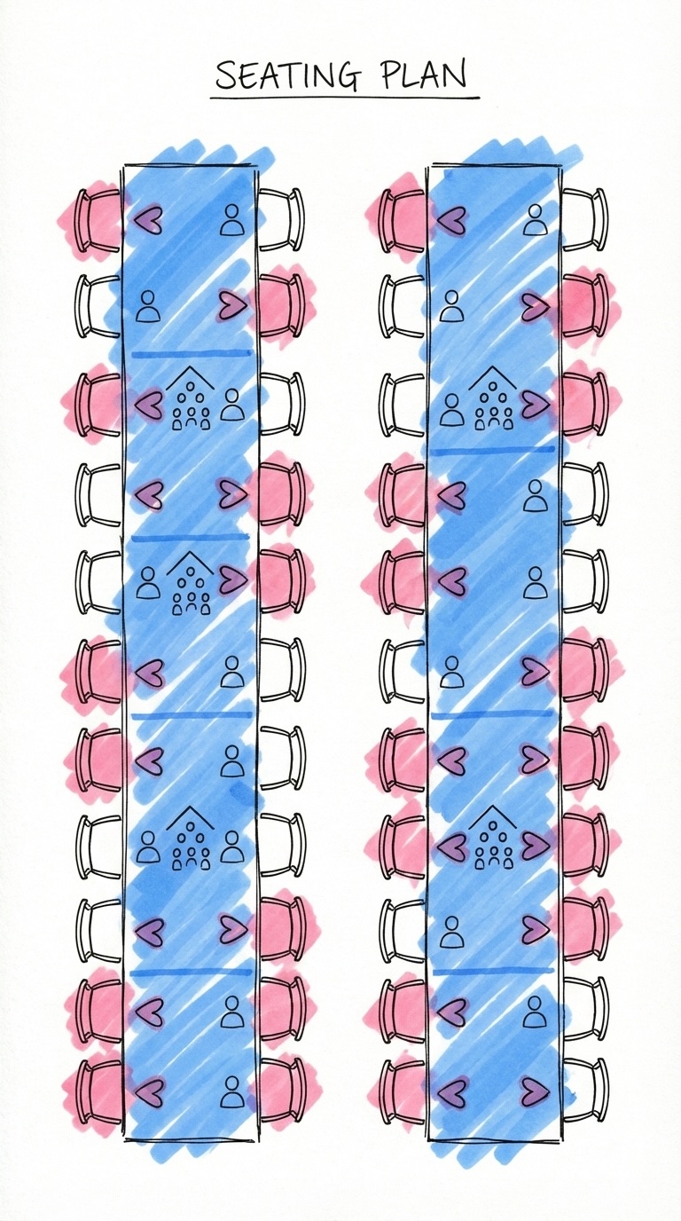 En illustration av ett långbord sett ovanifrån med gäster i ABAB-mönster och markerade kluster, i Lovios rosa och blå illustrationsstil