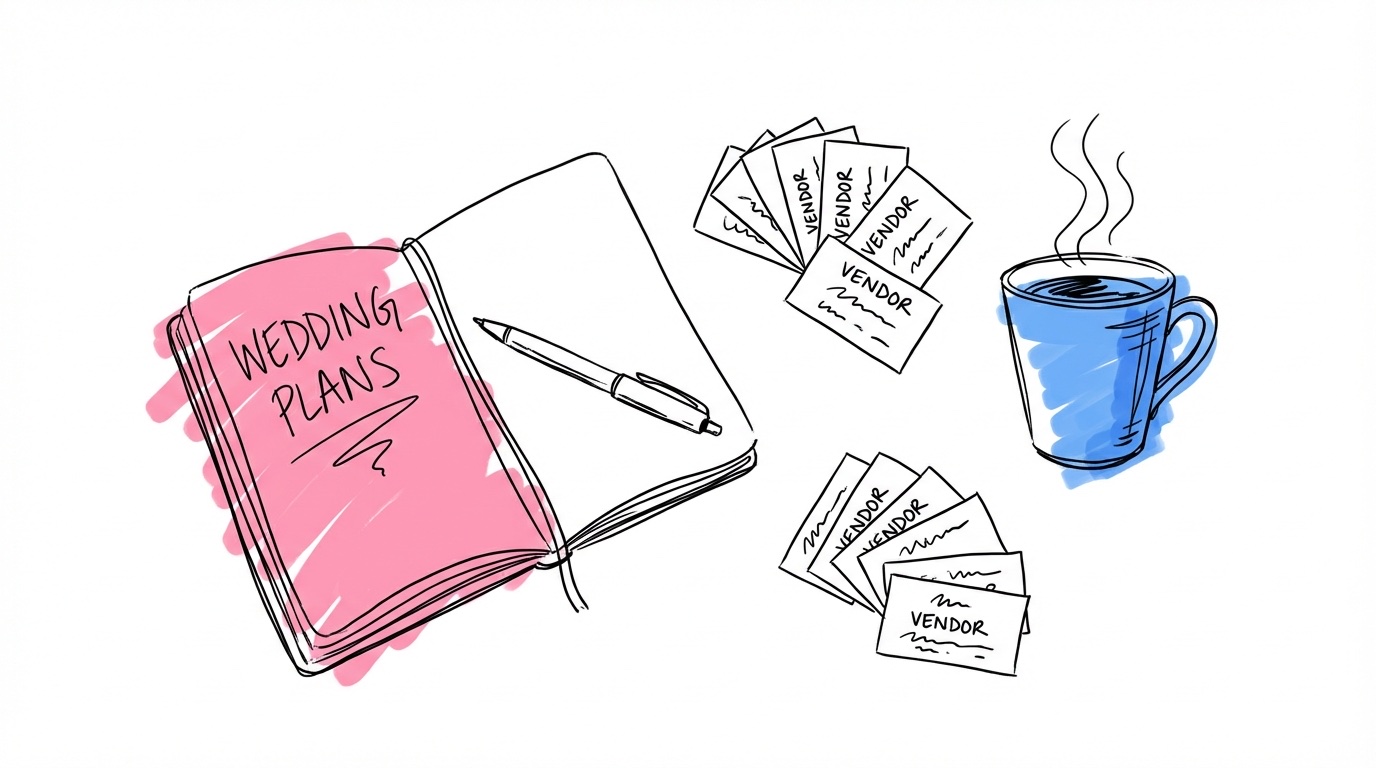 Boka bröllopsleverantörer — illustration med planeringsbok och visitkort
