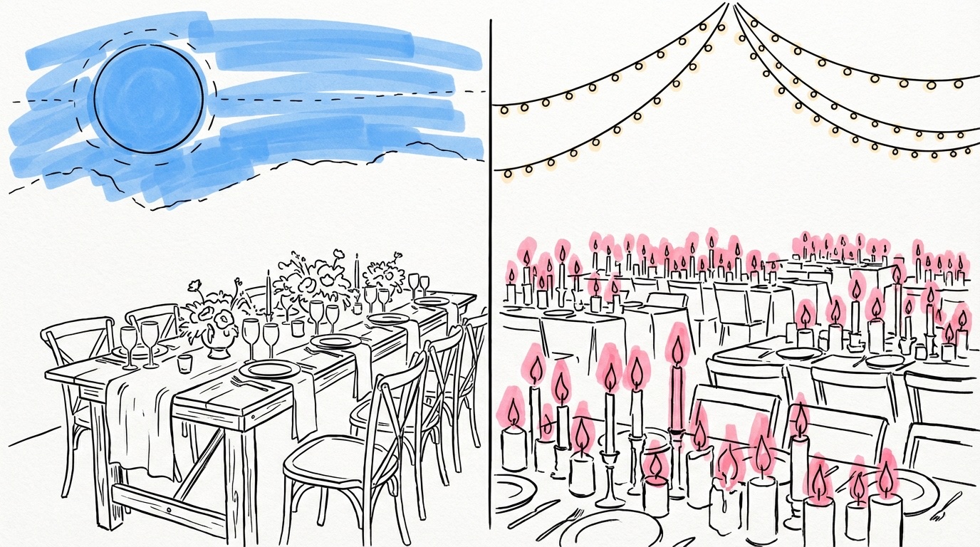 Delad scen med ljust midsommarbord och mörk vinterinteriör med hundratals ljus i Lovios stil