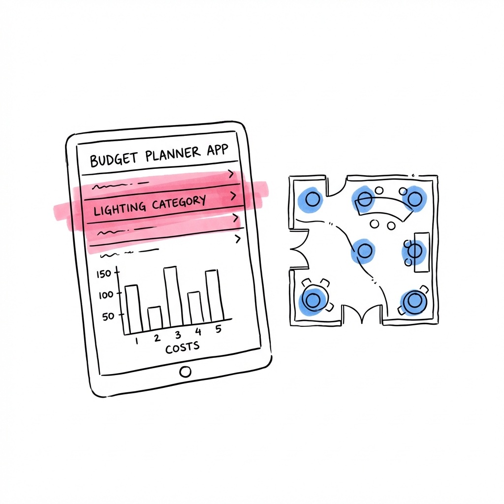 Surfplatta med budgetplanerare och ljuskategori markerad bredvid ritning av lokalplan