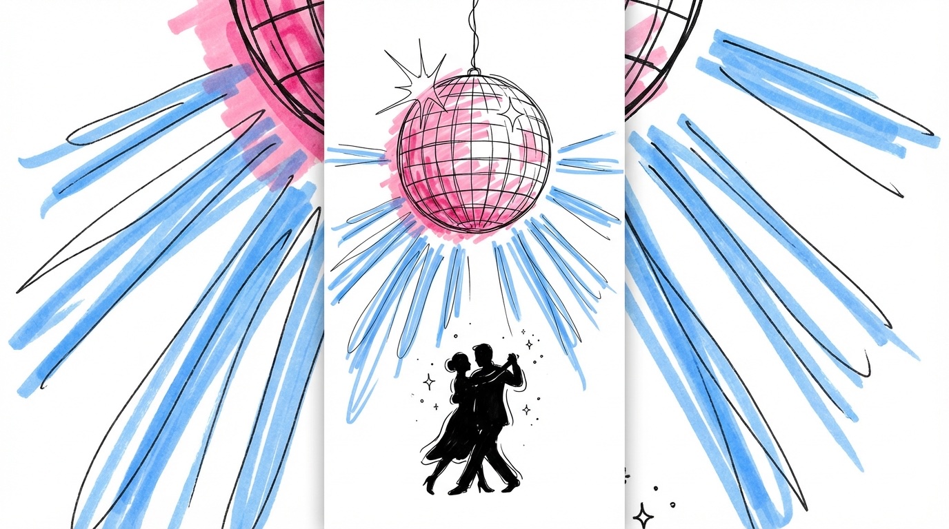 Discokula med ljusstrålar och dansande parsilhuetter i Lovios illustrationsstil