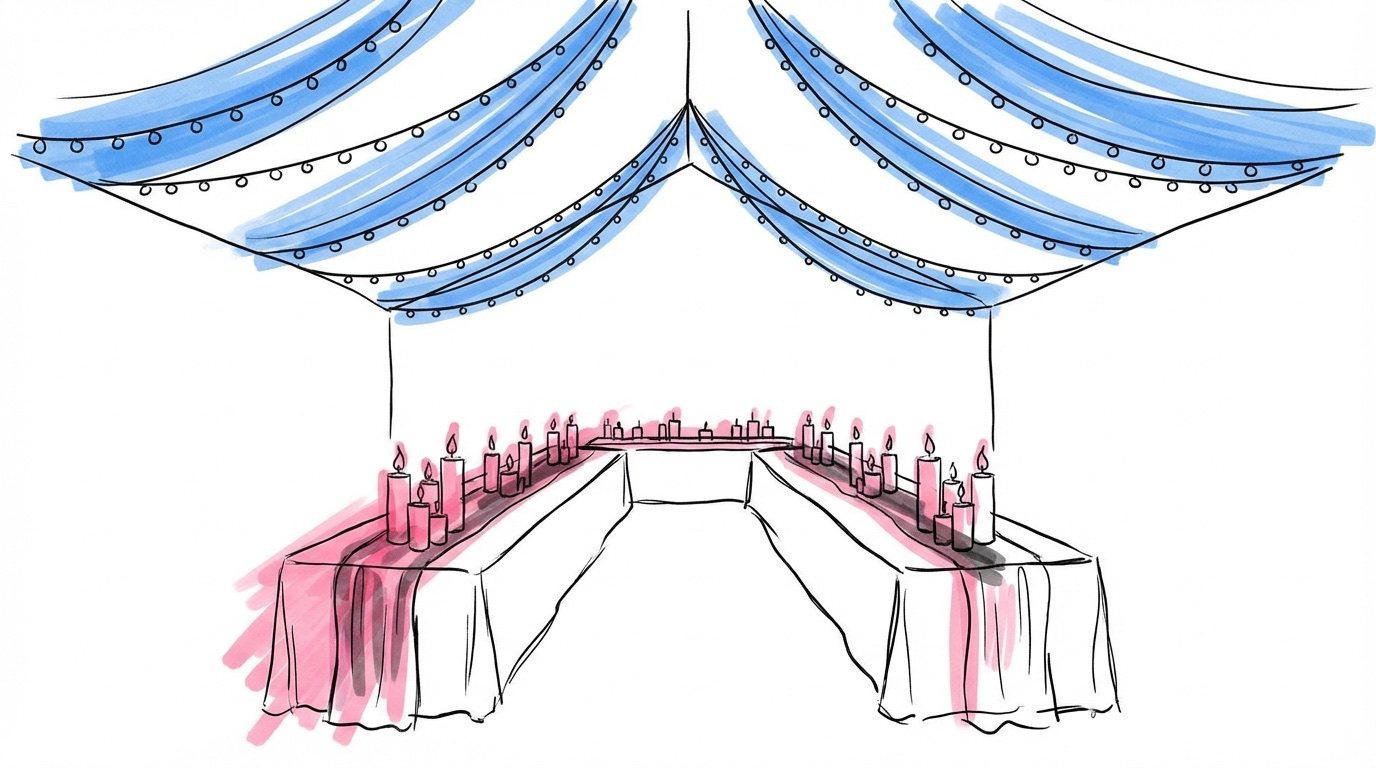 Ljussättning bröllop — mottagning med ljusslingor i taket, levande ljus på bord och uplights på väggar