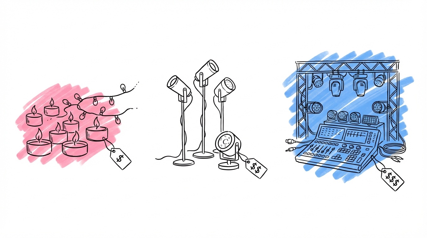 Tre grupper belysningsutrustning från enkelt till avancerat med prislappar i Lovios stil