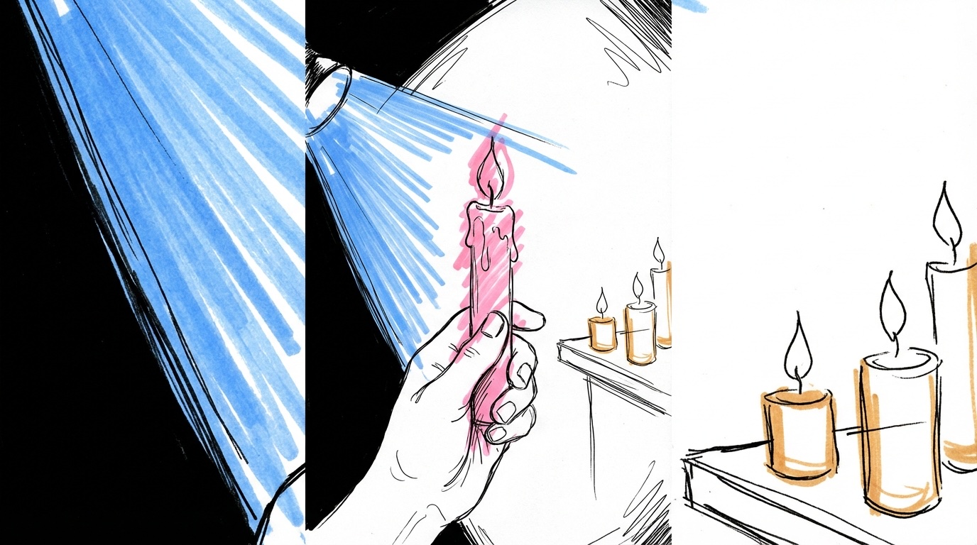 Hand som håller ett ensamt ljus i ett mörkt rum med blandade ljuskällor i bakgrunden