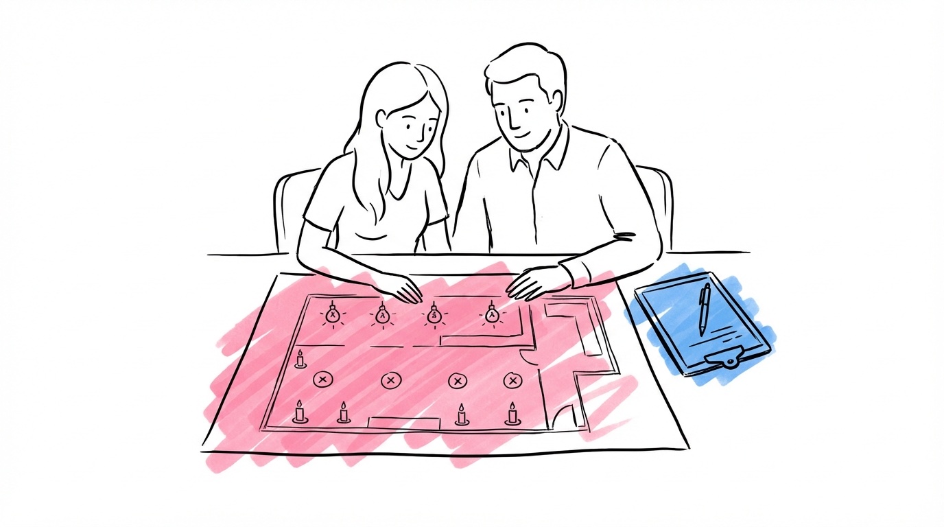 Par som skissar ljusplan för bröllopslokalen med lampikoner och ljussymboler