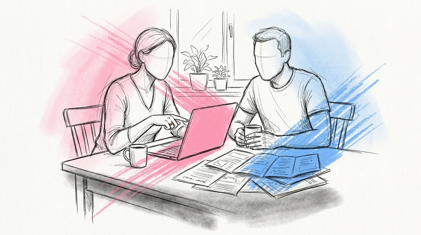 Brudpar vid ett köksbord med öppen laptop och utskrivna lokalbroschyrer mellan sig — jämför bröllopslokaler tillsammans i Lovios rosa och blå illustrationsstil