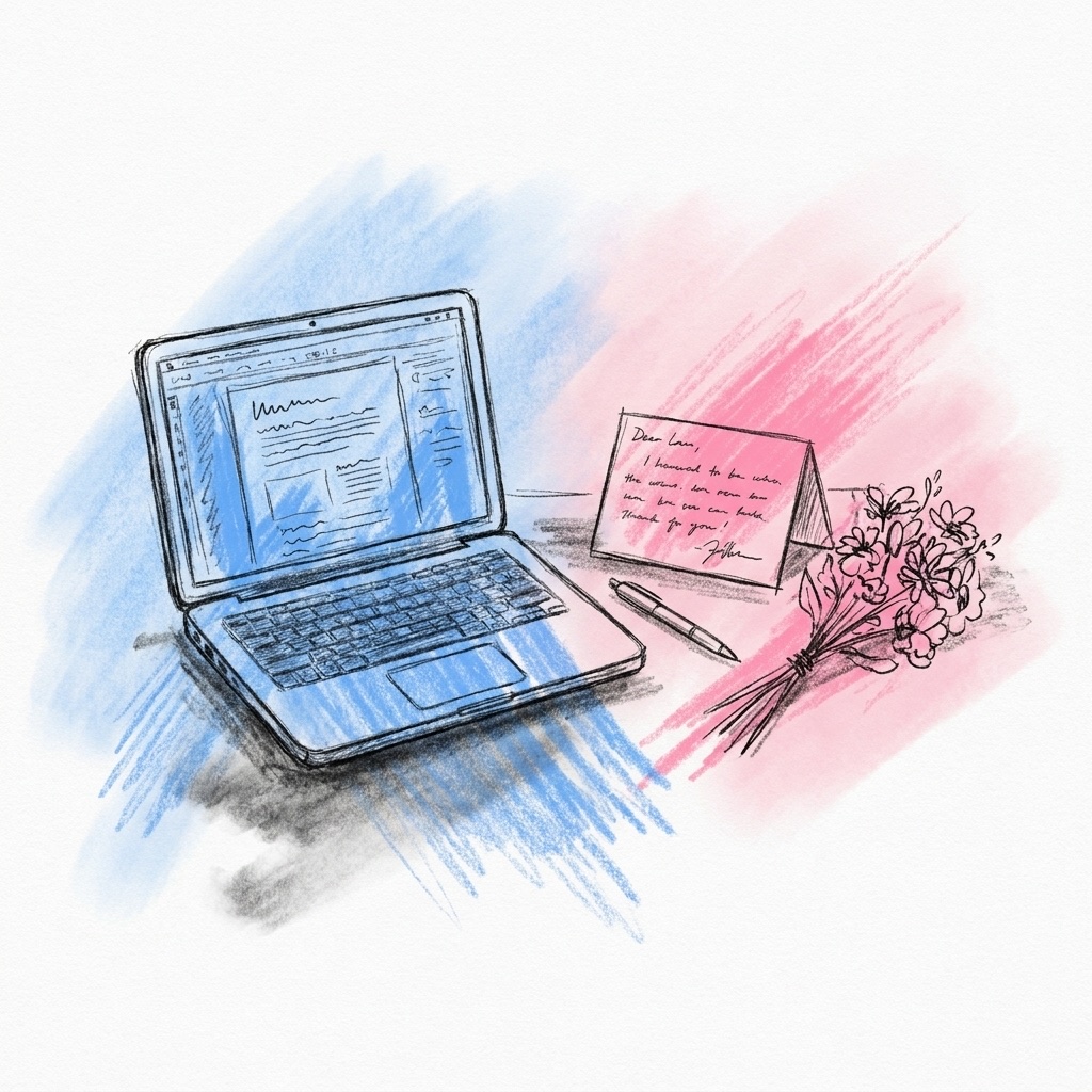 Öppen bärbar dator som visar ett dokument med textrader, med ett handskrivet kort, en penna och en liten bukett bredvid, i Lovios rosa och blå illustrationsstil