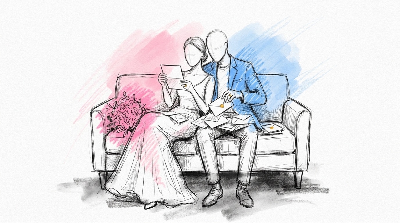 Ett nygift par som sitter nära varandra i en soffa och öppnar en hög med kort och kuvert, i Lovios rosa och blå illustrationsstil
