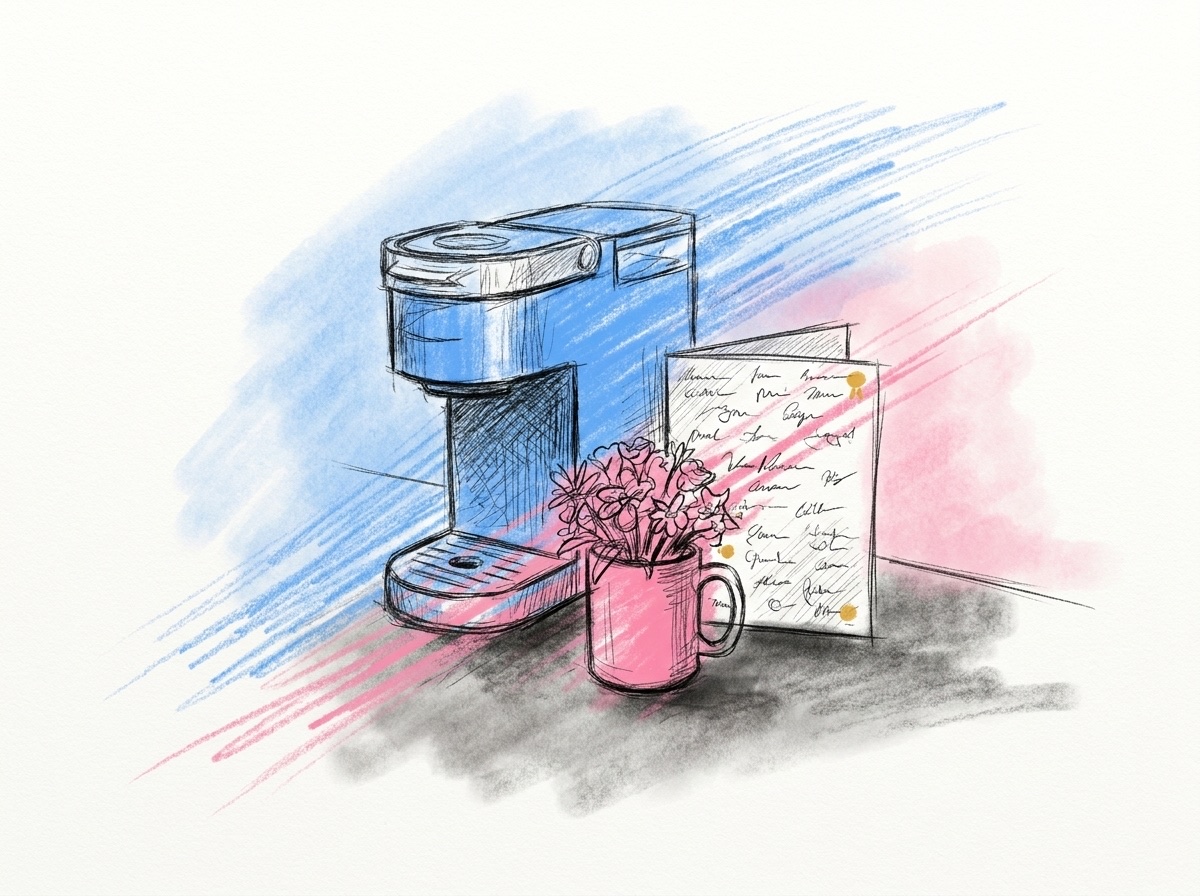 En kaffemaskin på en bänk med ett stort gruppkort lutat mot den och en liten bukett i en mugg, i Lovios rosa och blå illustrationsstil