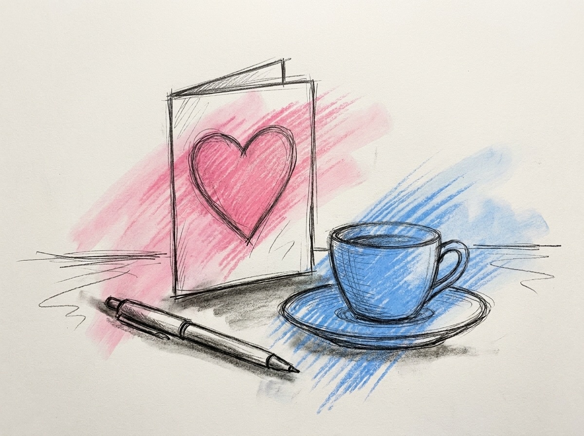 Ett litet gratulationskort med ett hjärta bredvid en penna på ett kaffefat, i Lovios rosa och blå illustrationsstil