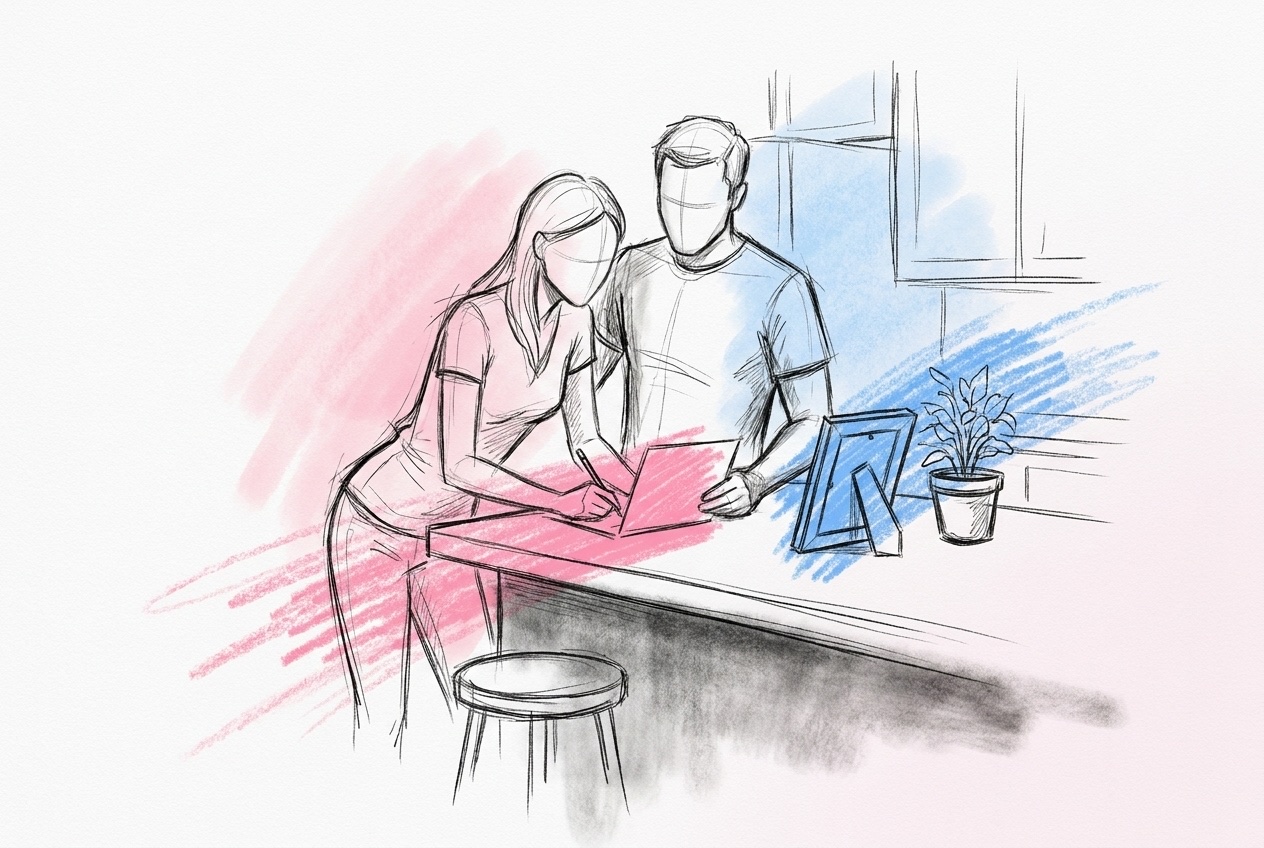 Två föräldrar vid en köksbänk som skriver ett kort tillsammans, med ett inramat foto och en liten kruka bredvid, i Lovios rosa och blå illustrationsstil