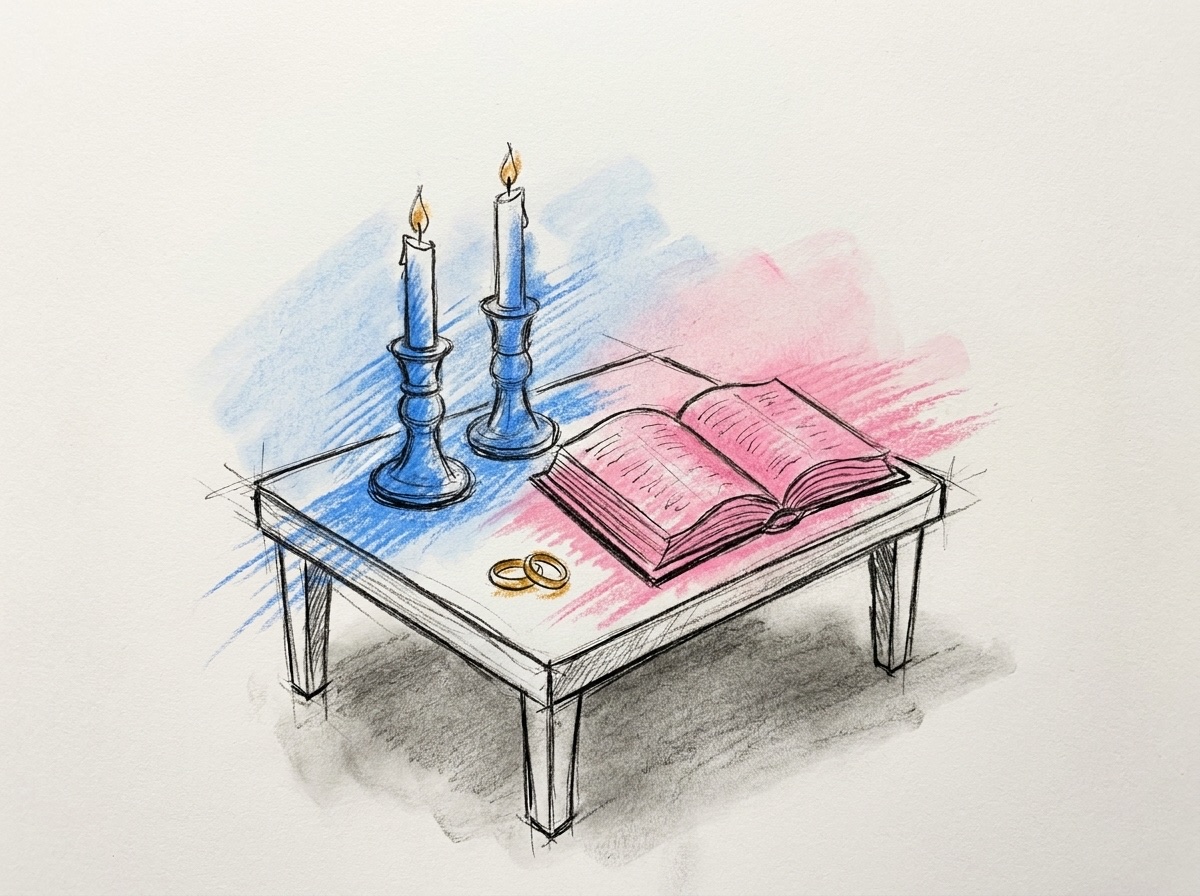 Två tända ljus, en uppslagen bok och två vigselringar på ett litet bord, i Lovios rosa och blå illustrationsstil