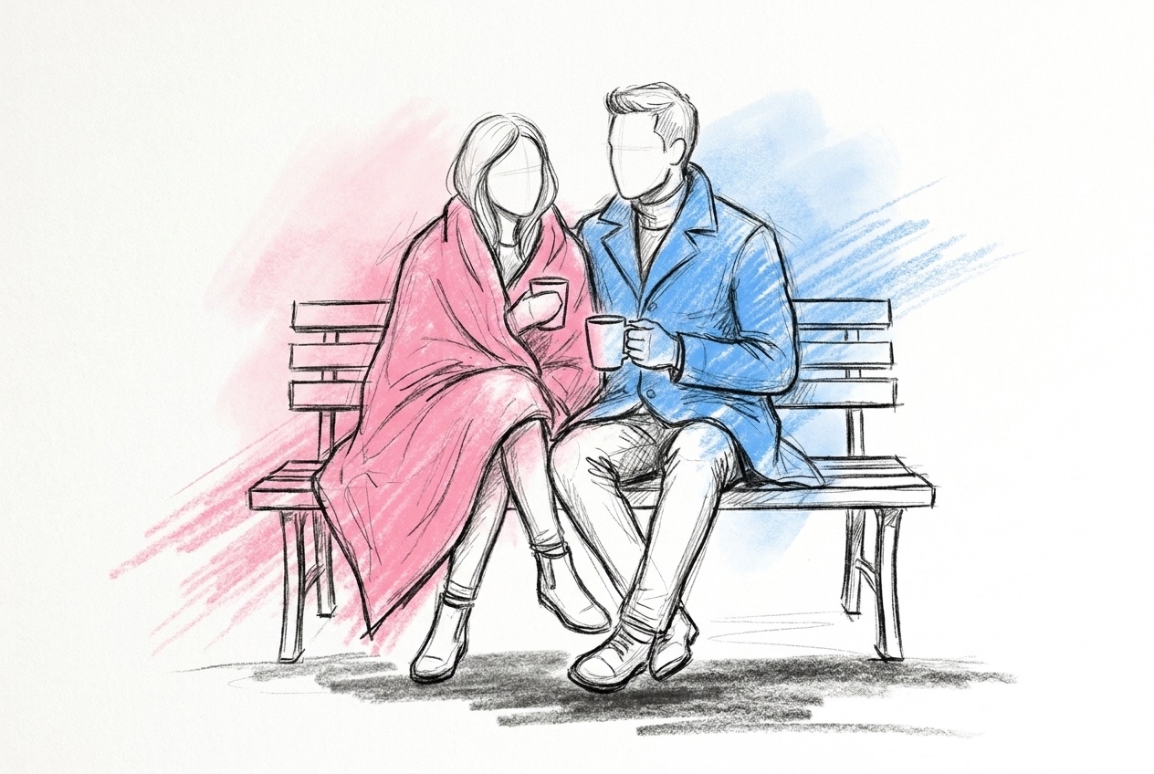 Ett par som delar en filt på en parkbänk och håller varsin mugg, sett från sidan, i Lovios rosa och blå illustrationsstil